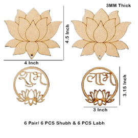 American Elm Pair of 6 Wooden Lotus with Hanging Shubh Labh Diwali Decor Lotus, Wooden shubh labh for Door Entrance (4.5 X 4 Inch)