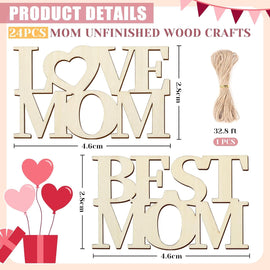 American Elm 24Pcs Best MOM Unfinished Wood Crafts Love Mothers Day Crafts MOM Cutouts Gift Wooden Tags