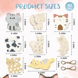 American Elm 40 Pcs Unfinished Wooden Cat Cutouts - 5 Styles DIY Craft Shapes for Creative Projects Cat Lover Gifts Animal-Themed Ornaments