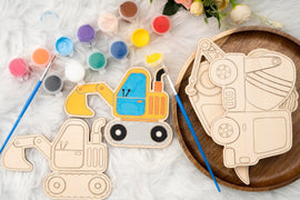 American Elm Set of 10 DIY Wooden Unfinished Construction Vehicles Painting Kit for Kids - Creative Craft Set with Brushes & Colors - DIY Paint Set for Kids - Educational Wooden Toys