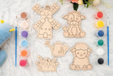 American Elm Set of 10 DIY Wooden Unfinished Farm Animal Coloring Set for Kids - Creative Craft Kit with Brushes & Colors - DIY Wooden Toys for Kids - Farm Animals Painting Kit