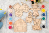 American Elm Set of 10 DIY Wooden Unfinished Farm Animal Coloring Set for Kids - Creative Craft Kit with Brushes & Colors - DIY Wooden Toys for Kids - Farm Animals Painting Kit