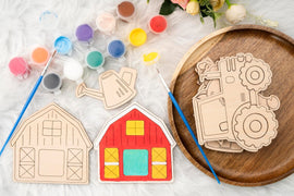 American Elm Set of 10 DIY Wooden Unfinished Farm Animal Coloring Set for Kids - Creative Craft Kit with Brushes & Colors - DIY Wooden Toys for Kids - Farm Animals Painting Kit